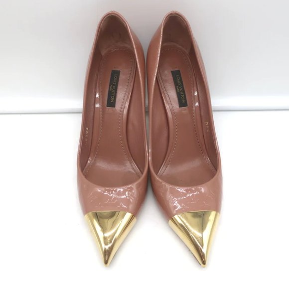 Louis Vuitton Allamanda Gold Cap Toe Pumps Rose Monogram Vernis Size 37.5 - Picture 4 of 12